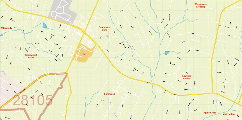 Mecklenburg County Charlotte North Carolina US Map Vector Exact City and County Plan High Detailed Street Map + admin + zipcodes editable Adobe Illustrator in layers