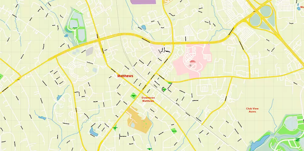 Mecklenburg County Charlotte North Carolina US Map Vector Exact City and County Plan High Detailed Street Map + admin + zipcodes editable Adobe Illustrator in layers