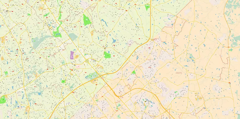 Mecklenburg County Charlotte North Carolina US Map Vector Exact City and County Plan High Detailed Street Map + admin + zipcodes editable Adobe Illustrator in layers