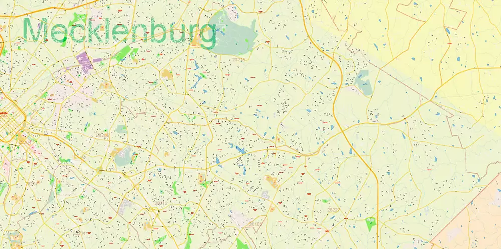 Mecklenburg County Charlotte North Carolina US Map Vector Exact City and County Plan High Detailed Street Map + admin + zipcodes editable Adobe Illustrator in layers