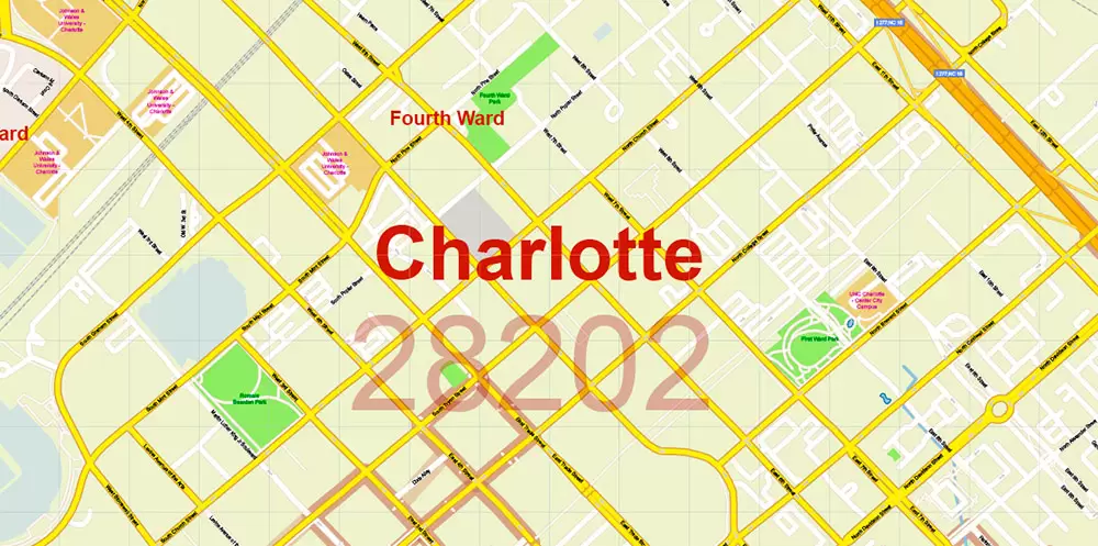 Mecklenburg County Charlotte North Carolina US Map Vector Exact City and County Plan High Detailed Street Map + admin + zipcodes editable Adobe Illustrator in layers