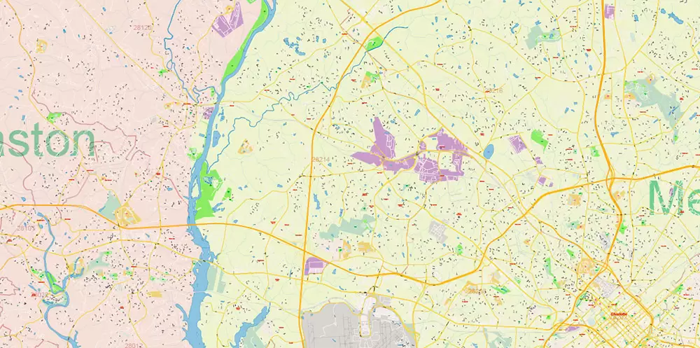 Mecklenburg County Charlotte North Carolina US Map Vector Exact City and County Plan High Detailed Street Map + admin + zipcodes editable Adobe Illustrator in layers
