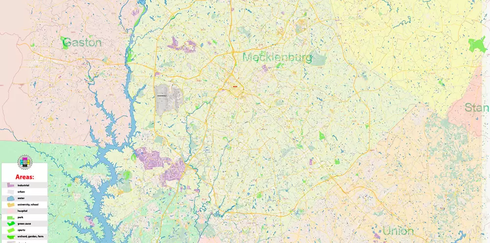 Mecklenburg County Charlotte North Carolina US Map Vector Exact City and County Plan High Detailed Street Map + admin + zipcodes editable Adobe Illustrator in layers
