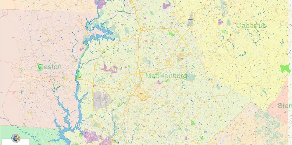 Mecklenburg County Charlotte North Carolina US Map Vector Exact City and County Plan High Detailed Street Map + admin + zipcodes editable Adobe Illustrator in layers