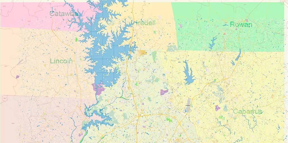 Mecklenburg County Charlotte North Carolina US Map Vector Exact City and County Plan High Detailed Street Map + admin + zipcodes editable Adobe Illustrator in layers
