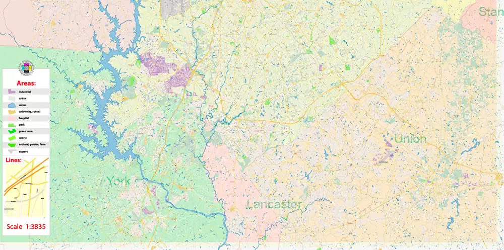 Mecklenburg County Charlotte North Carolina US Map Vector Exact City and County Plan High Detailed Street Map + admin + zipcodes editable Adobe Illustrator in layers
