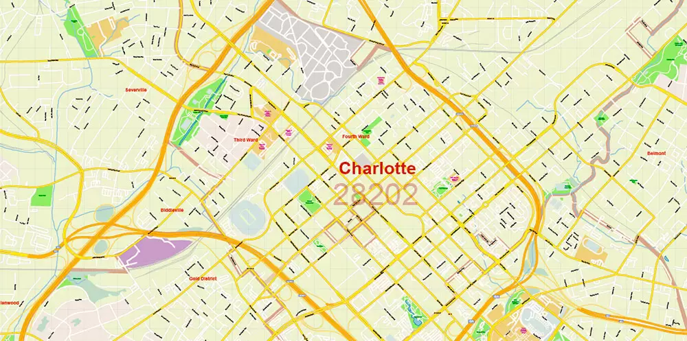 Mecklenburg County Charlotte North Carolina US Map Vector Exact City and County Plan High Detailed Street Map + admin + zipcodes editable Adobe Illustrator in layers