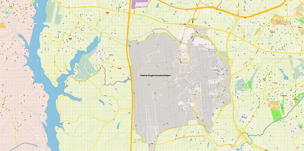 Mecklenburg County Charlotte North Carolina US Map Vector Exact City and County Plan High Detailed Street Map + admin + zipcodes editable Adobe Illustrator in layers