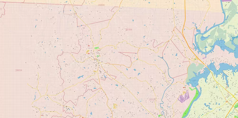 Mecklenburg County Charlotte North Carolina US Map Vector Exact City and County Plan High Detailed Street Map + admin + zipcodes editable Adobe Illustrator in layers