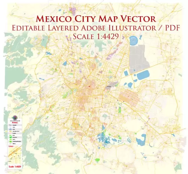 Mexico City Map Vector Exact City Plan High Detailed Street Map editable Adobe Illustrator in layers