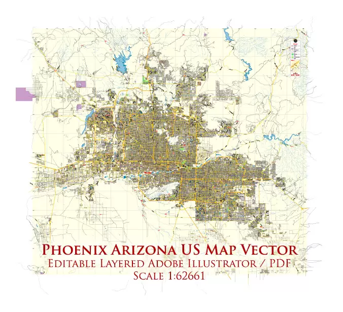 Phoenix Arizona US Map Vector Exact City Plan Low Detailed Street Map editable Adobe Illustrator in layers