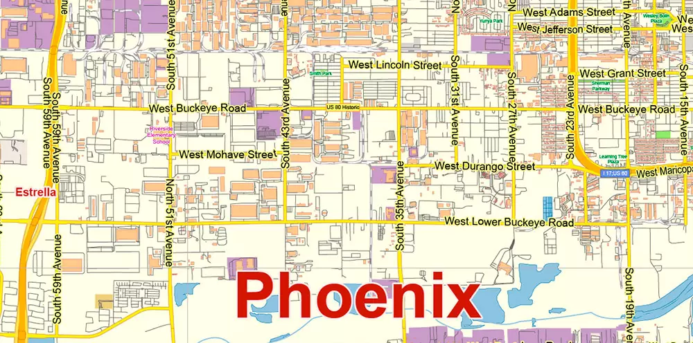 Phoenix Arizona US Map Vector Exact City Plan Low Detailed Street Map editable Adobe Illustrator in layers