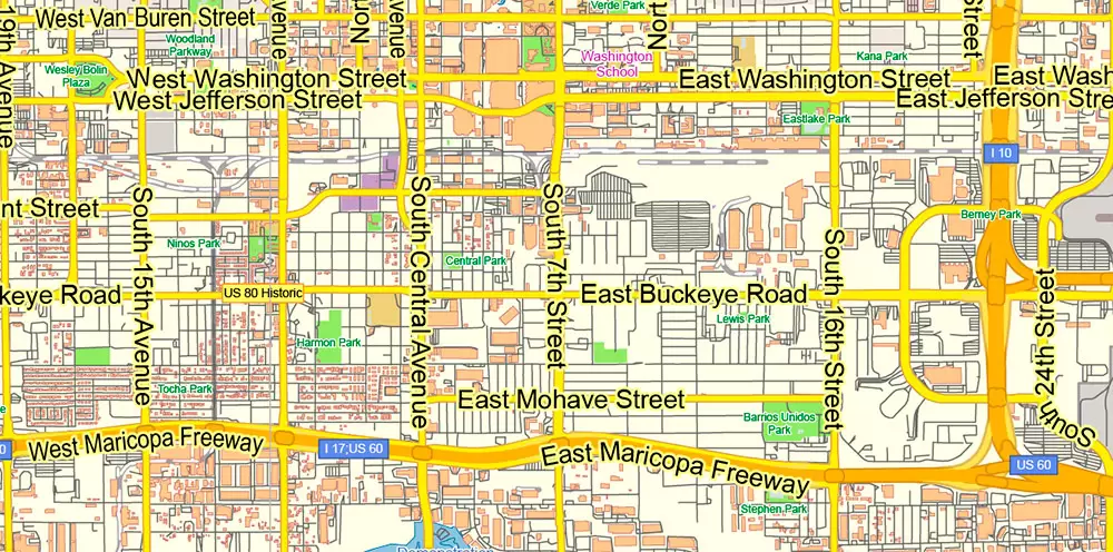 Phoenix Arizona US Map Vector Exact City Plan Low Detailed Street Map editable Adobe Illustrator in layers