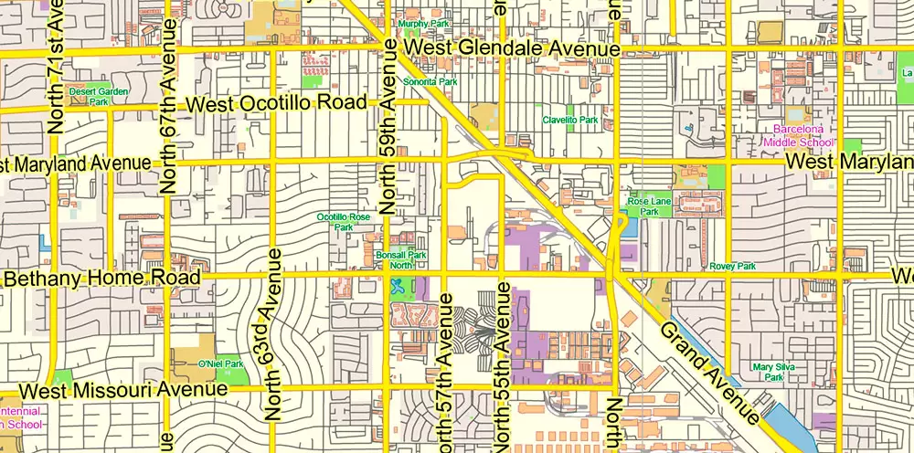 Phoenix Arizona US Map Vector Exact City Plan Low Detailed Street Map editable Adobe Illustrator in layers