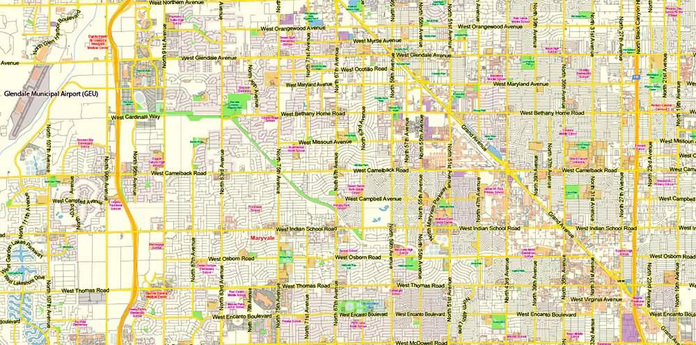 Phoenix Arizona US Map Vector Exact City Plan Low Detailed Street Map editable Adobe Illustrator in layers