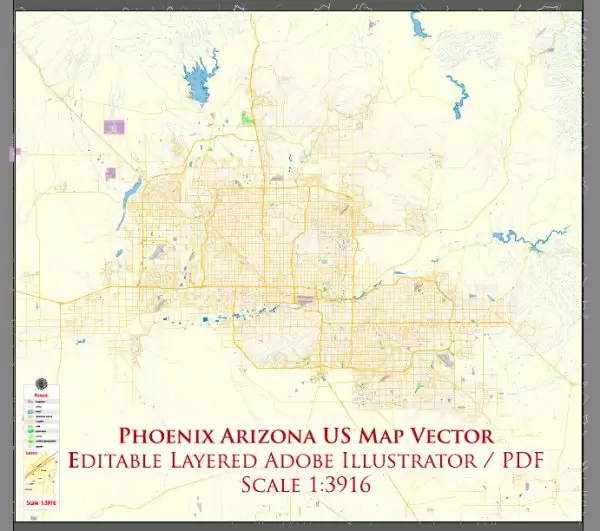Phoenix Arizona US Map Vector Exact City Plan High Detailed Street Map editable Adobe Illustrator in layers