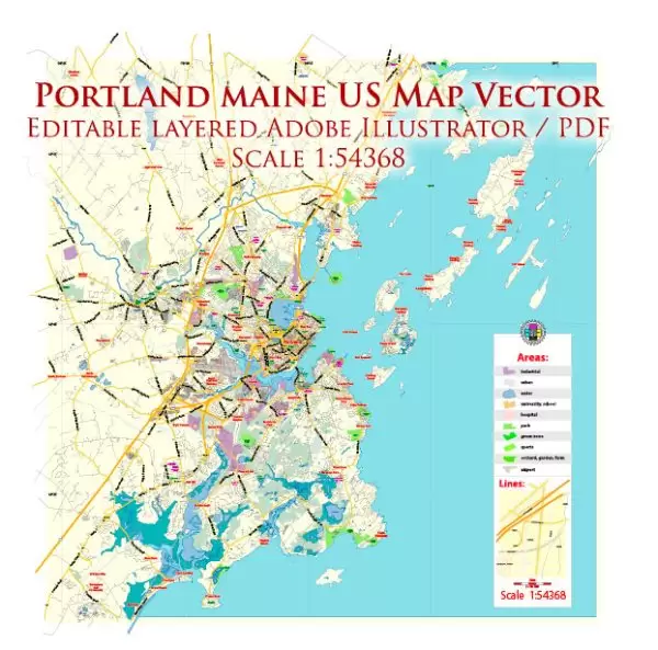 Portland Maine US Map Vector Exact City Plan Low Detailed Street Map editable Adobe Illustrator in layers
