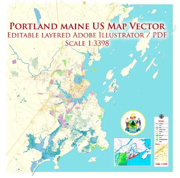 Portland Maine US Map Vector Exact City Plan High Detailed Street Map editable Adobe Illustrator in layers