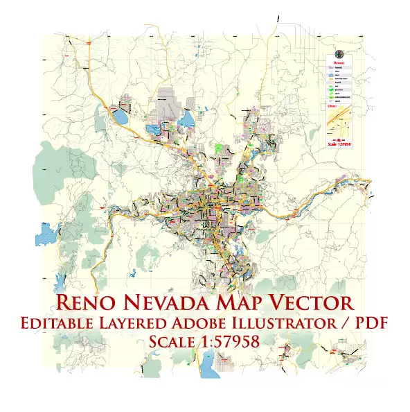 Reno Nevada US PDF Map Vector Exact City Plan Low Detailed Street Map editable Adobe PDF in layers