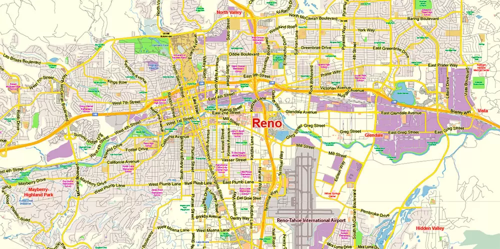 Reno Nevada US PDF Map Vector Exact City Plan Low Detailed Street Map editable Adobe PDF in layers
