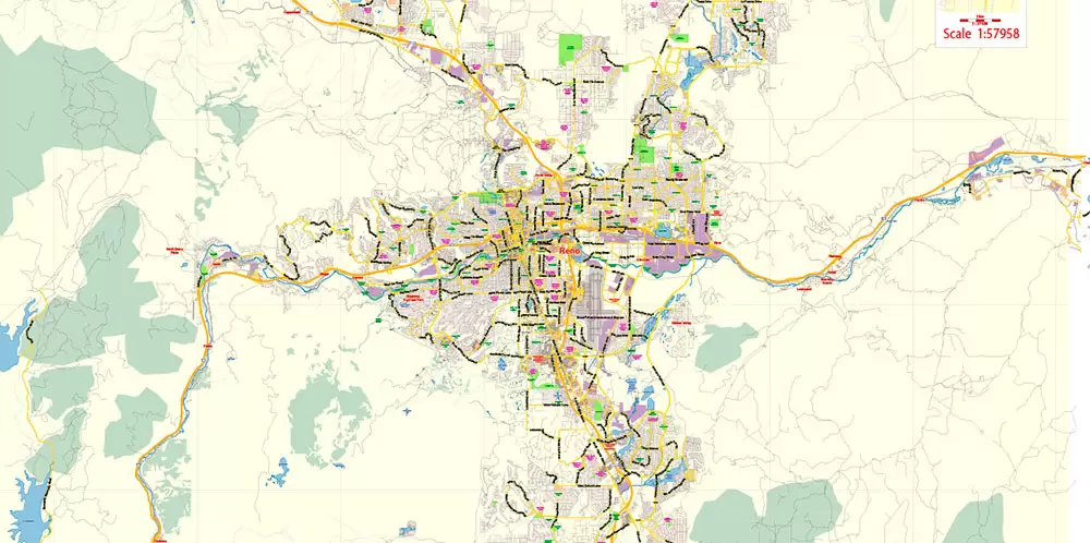 Reno Nevada US PDF Map Vector Exact City Plan Low Detailed Street Map editable Adobe PDF in layers