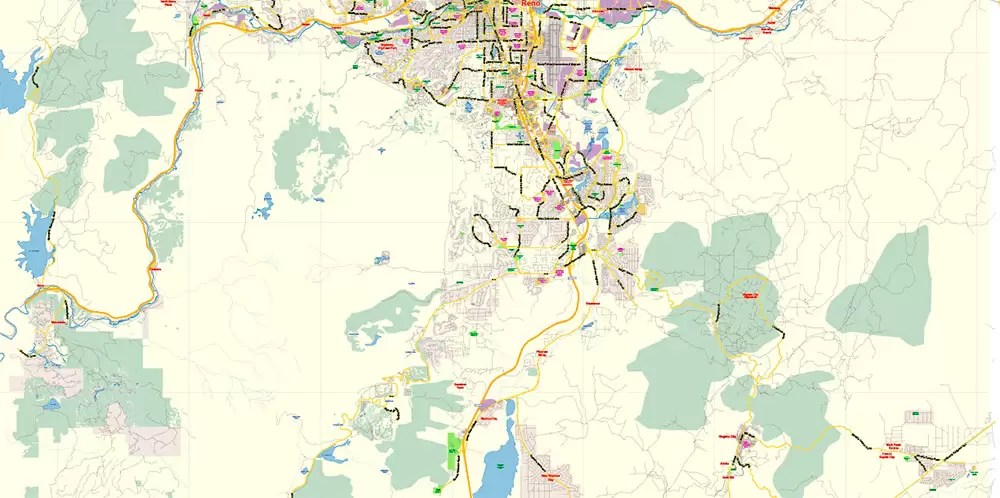 Reno Nevada US PDF Map Vector Exact City Plan Low Detailed Street Map editable Adobe PDF in layers