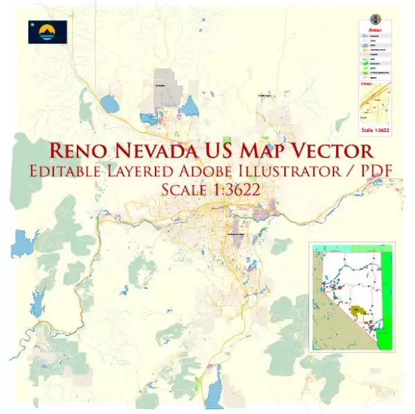 Reno Nevada US Map Vector Exact City Plan High Detailed Street Map editable Adobe Illustrator in layers