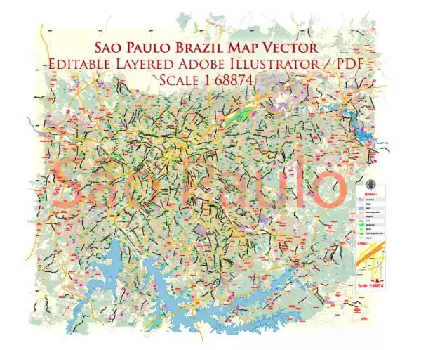 Sao Paulo \ San Paulo Brazil Map Vector Exact City Plan Low Detailed Street Map editable Adobe Illustrator in layers