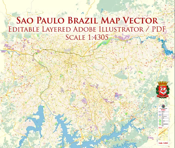 Sao Paulo \ San Paulo Brazil Map Vector Exact City Plan High Detailed Street Map editable Adobe Illustrator in layers