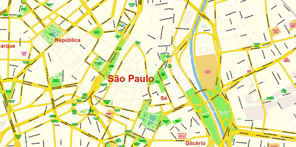 Sao Paulo \ San Paulo Brazil Map Vector Exact City Plan High Detailed Street Map editable Adobe Illustrator in layers