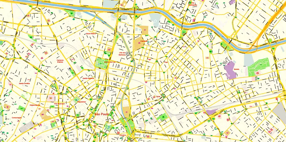 Sao Paulo \ San Paulo Brazil Map Vector Exact City Plan High Detailed Street Map editable Adobe Illustrator in layers