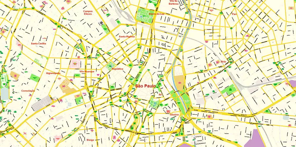Sao Paulo \ San Paulo Brazil Map Vector Exact City Plan High Detailed Street Map editable Adobe Illustrator in layers