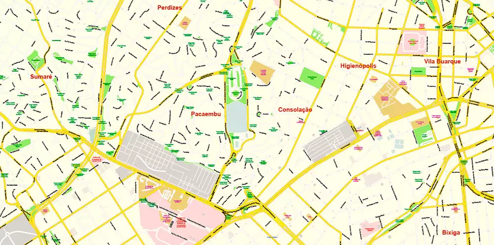 Sao Paulo \ San Paulo Brazil Map Vector Exact City Plan High Detailed Street Map editable Adobe Illustrator in layers