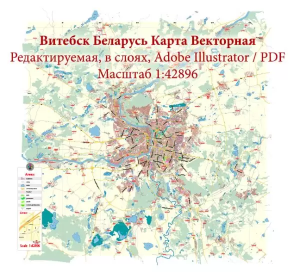 Vitebsk Belarus Map Vector Exact City Plan Low Detailed Street Map editable Adobe Illustrator in layers