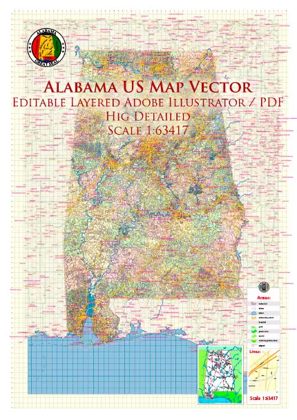 Alabama State US Map Vector Exact Roads Plan High Detailed Street Map + Counties + Zipcodes editable Adobe Illustrator in layers