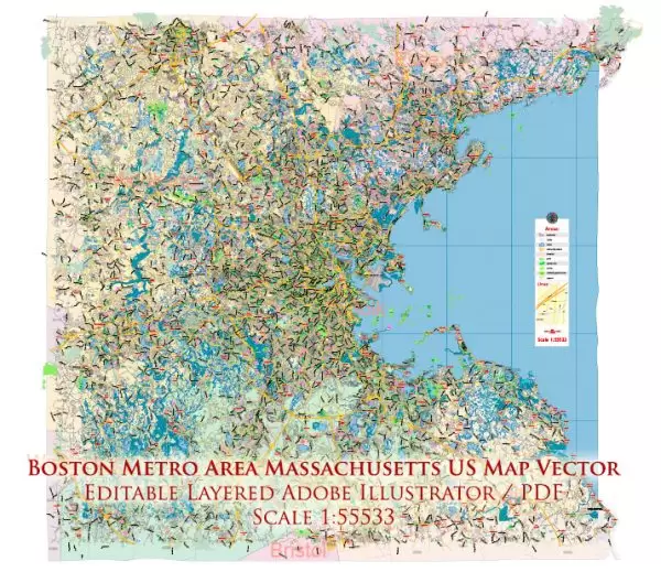 Boston Massachusetts US Map Vector Exact City Plan LOW Detailed Street Map Metro Area + ZIP-Codes editable Adobe Illustrator in layers
