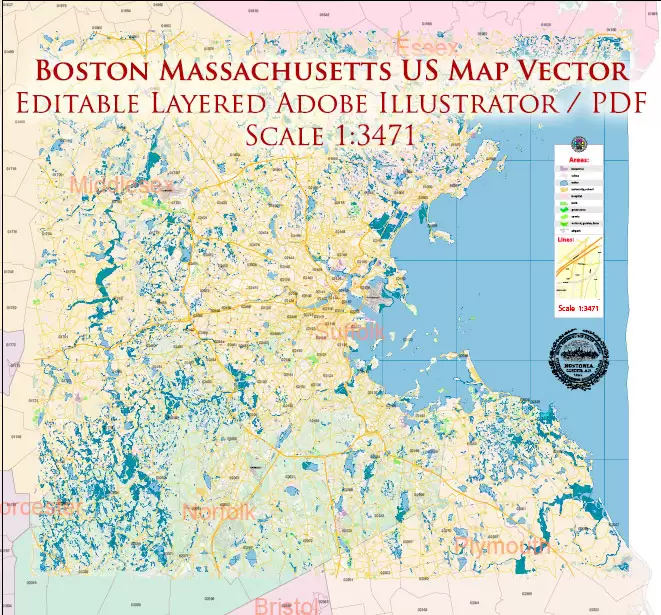 Boston Massachusetts US PDF Map Vector Exact City Plan High Detailed Street Map Metro Area + ZIP-Codes editable Adobe PDF in layers