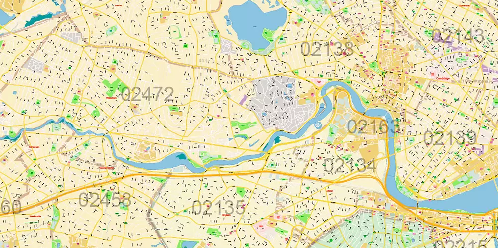 Boston Massachusetts US PDF Map Vector Exact City Plan High Detailed Street Map Metro Area + ZIP-Codes editable Adobe PDF in layers