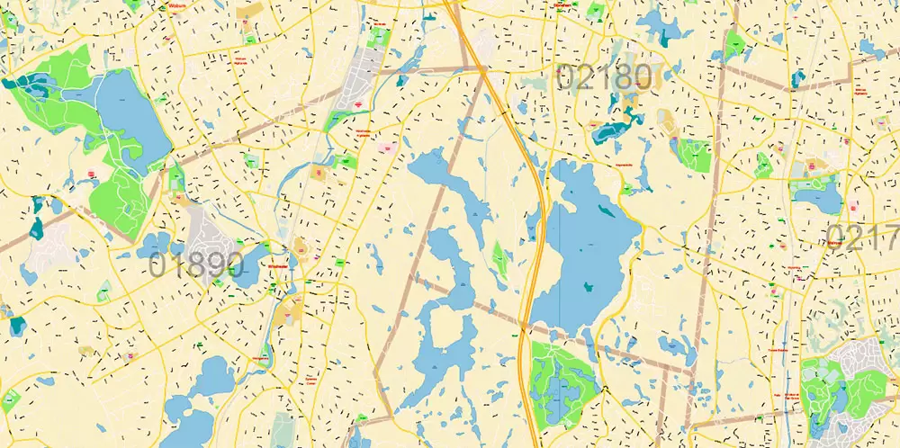 Boston Massachusetts US PDF Map Vector Exact City Plan High Detailed Street Map Metro Area + ZIP-Codes editable Adobe PDF in layers