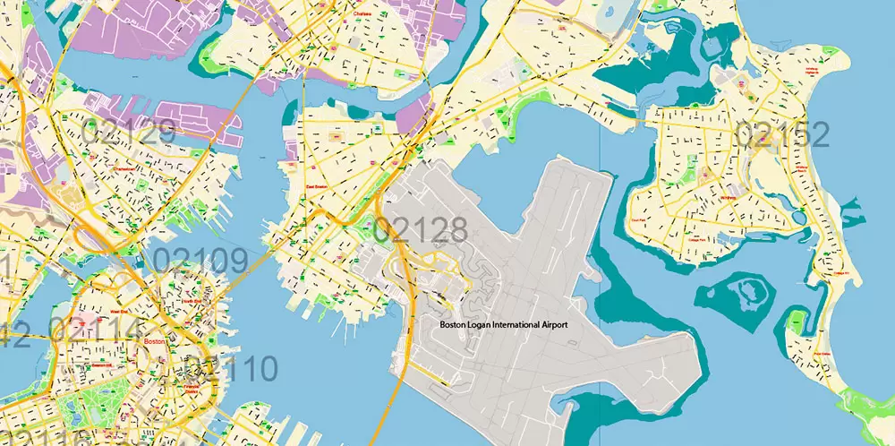 Boston Massachusetts US PDF Map Vector Exact City Plan High Detailed Street Map Metro Area + ZIP-Codes editable Adobe PDF in layers
