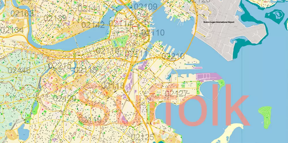 Boston Massachusetts US PDF Map Vector Exact City Plan High Detailed Street Map Metro Area + ZIP-Codes editable Adobe PDF in layers