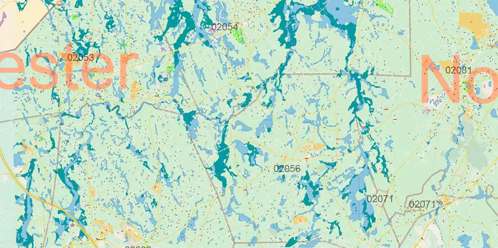 Boston Massachusetts US PDF Map Vector Exact City Plan High Detailed Street Map Metro Area + ZIP-Codes editable Adobe PDF in layers