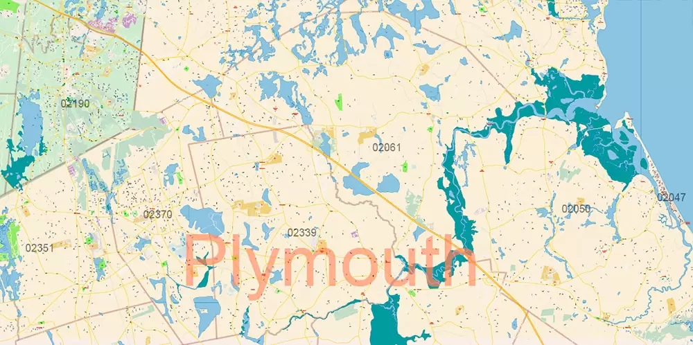 Boston Massachusetts US PDF Map Vector Exact City Plan High Detailed Street Map Metro Area + ZIP-Codes editable Adobe PDF in layers