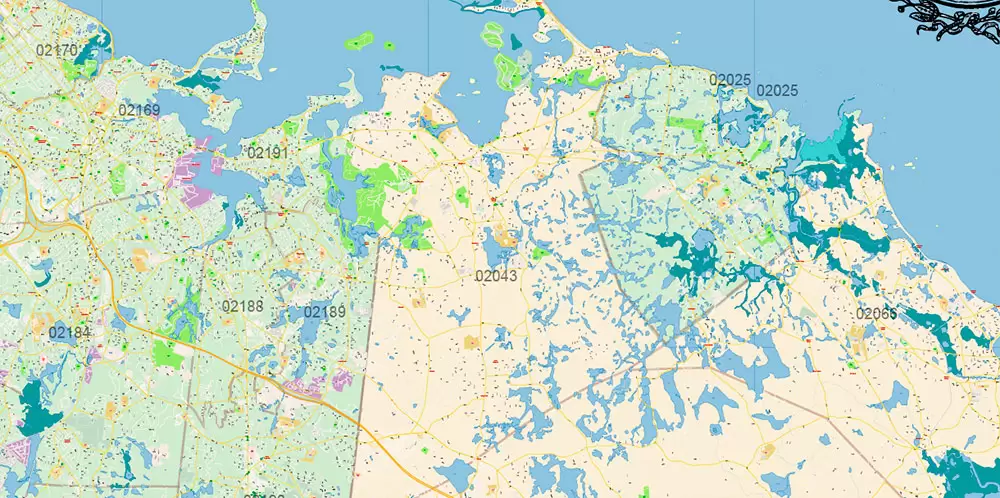 Boston Massachusetts US PDF Map Vector Exact City Plan High Detailed Street Map Metro Area + ZIP-Codes editable Adobe PDF in layers
