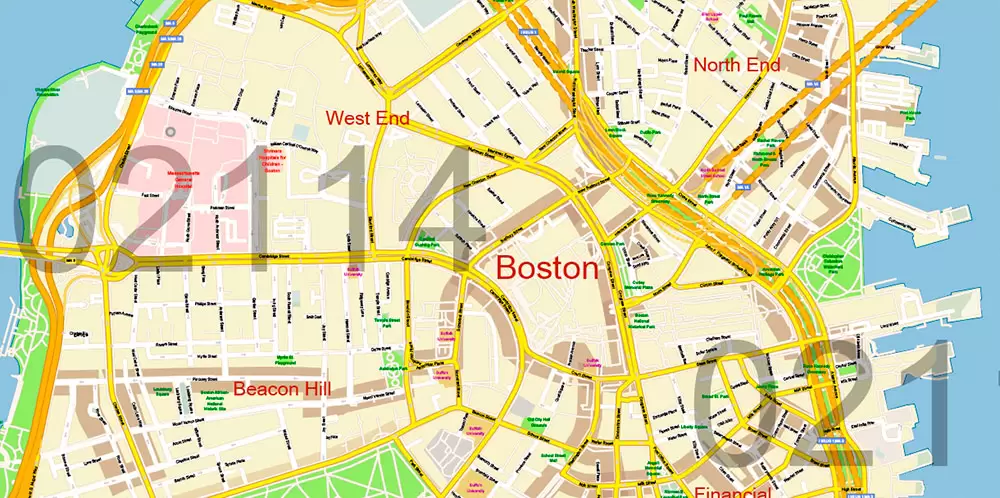 Boston Massachusetts US PDF Map Vector Exact City Plan High Detailed Street Map Metro Area + ZIP-Codes editable Adobe PDF in layers
