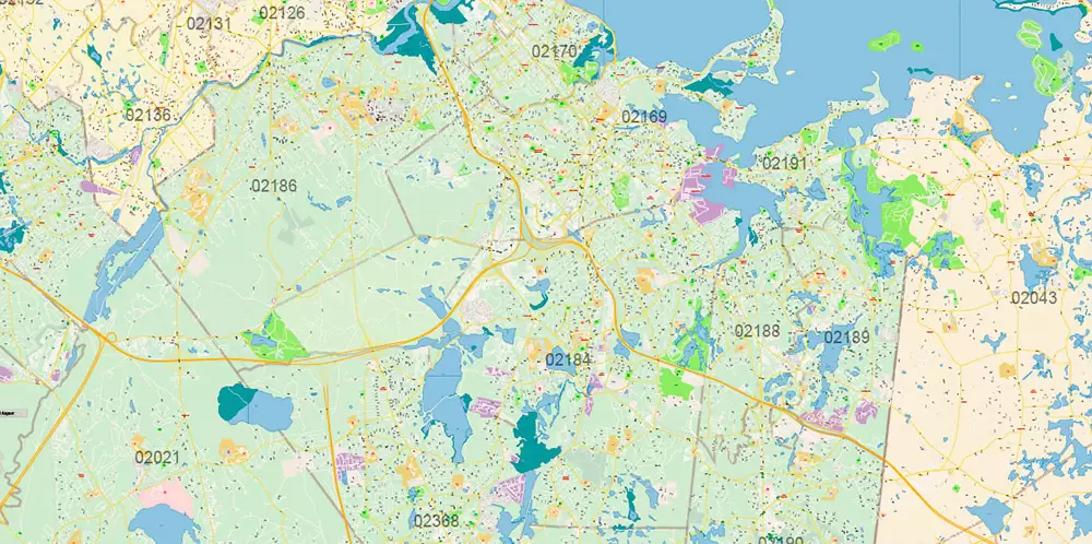 Boston Massachusetts US PDF Map Vector Exact City Plan High Detailed Street Map Metro Area + ZIP-Codes editable Adobe PDF in layers