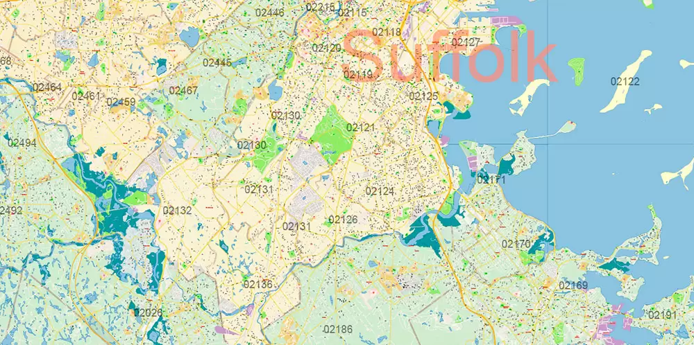 Boston Massachusetts US PDF Map Vector Exact City Plan High Detailed Street Map Metro Area + ZIP-Codes editable Adobe PDF in layers