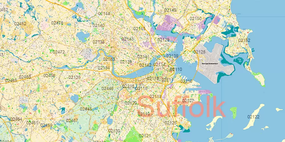 Boston Massachusetts US PDF Map Vector Exact City Plan High Detailed Street Map Metro Area + ZIP-Codes editable Adobe PDF in layers