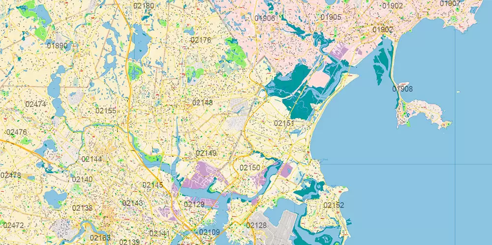 Boston Massachusetts US PDF Map Vector Exact City Plan High Detailed Street Map Metro Area + ZIP-Codes editable Adobe PDF in layers