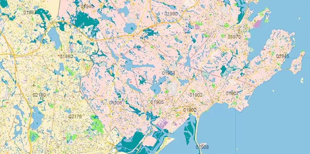 Boston Massachusetts US PDF Map Vector Exact City Plan High Detailed Street Map Metro Area + ZIP-Codes editable Adobe PDF in layers